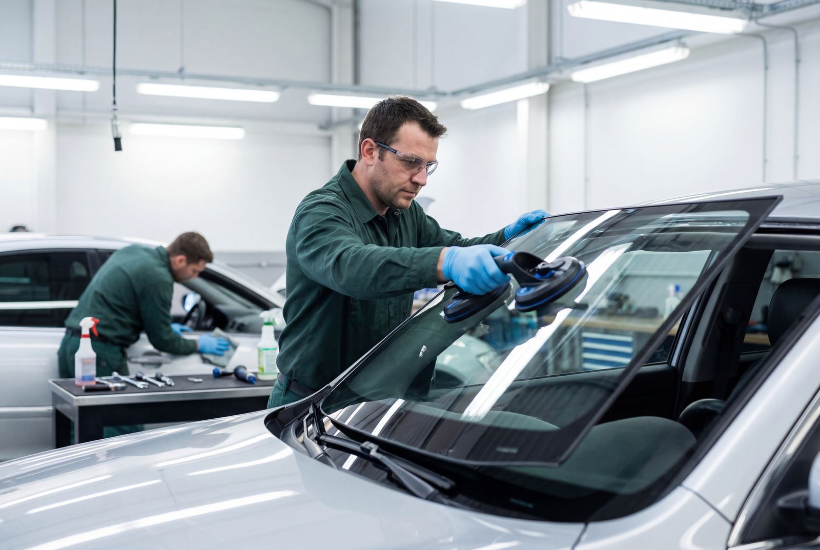 Two auto glass technicians setting a new windshield with suction cups